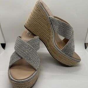 Mix No. 6 Silver Crystal Espadrille Platform Wedge Sandals - Size 7.5